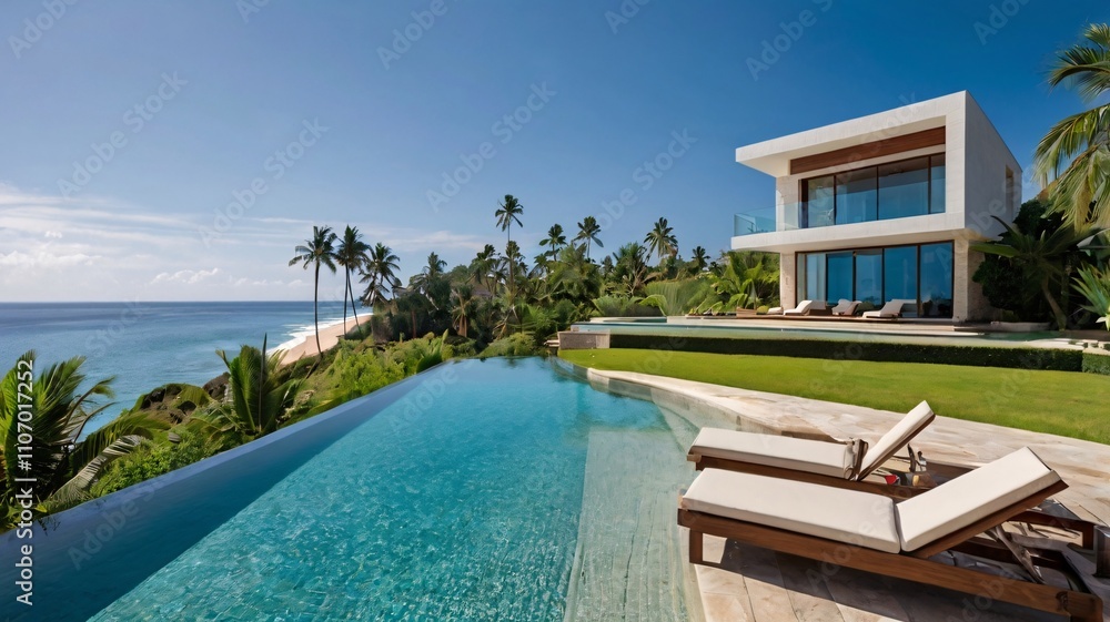 Fototapeta premium Beach House with Curved Design and Tropical Ocean Views V11
