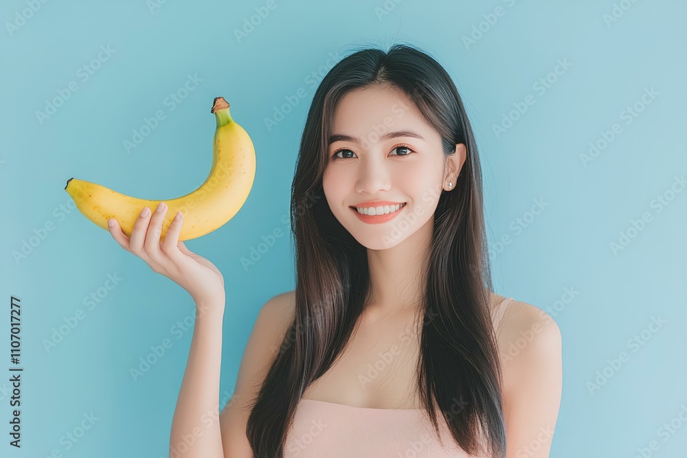 Young woman holding a banana with a pensive expression and playful smile on a light blue background. woman dreams and sexualizes the fruit, intimate and erotic concept Young woman holding a banana with a pensive expression and playful smile on a light blue background. woman dreams and sexualizes the fruit, intimate and erotic concept