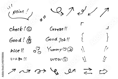 ポイントになるふきだしや矢印などのかわいい手書き素材、ベクター
