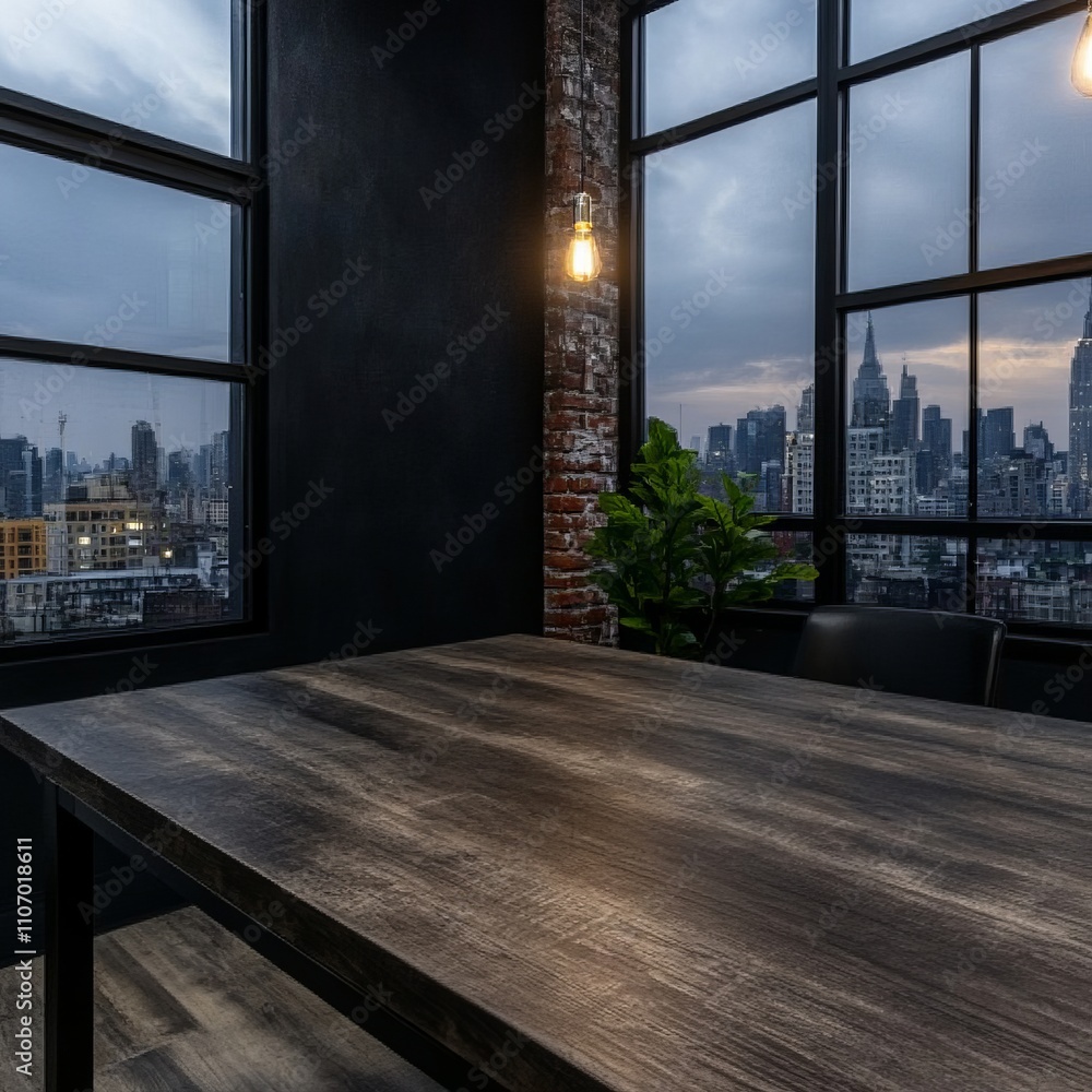 Dark wood table in modern loft apartment overlooking city skyline at dusk. Dark wood table in modern loft apartment overlooking city skyline at dusk.