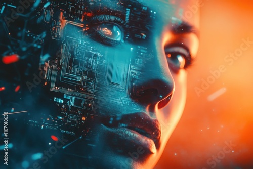 Futuristic Face with Circuit Board Overlay and Soft Lighting