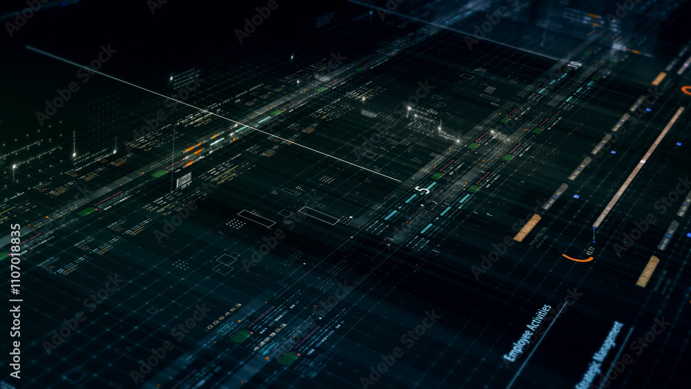 Fototapeta premium Futuristic network simulation blending AI, quantum physics, and deep learning, with a particle matrix analyzing data in a sleek, HUD-style interface