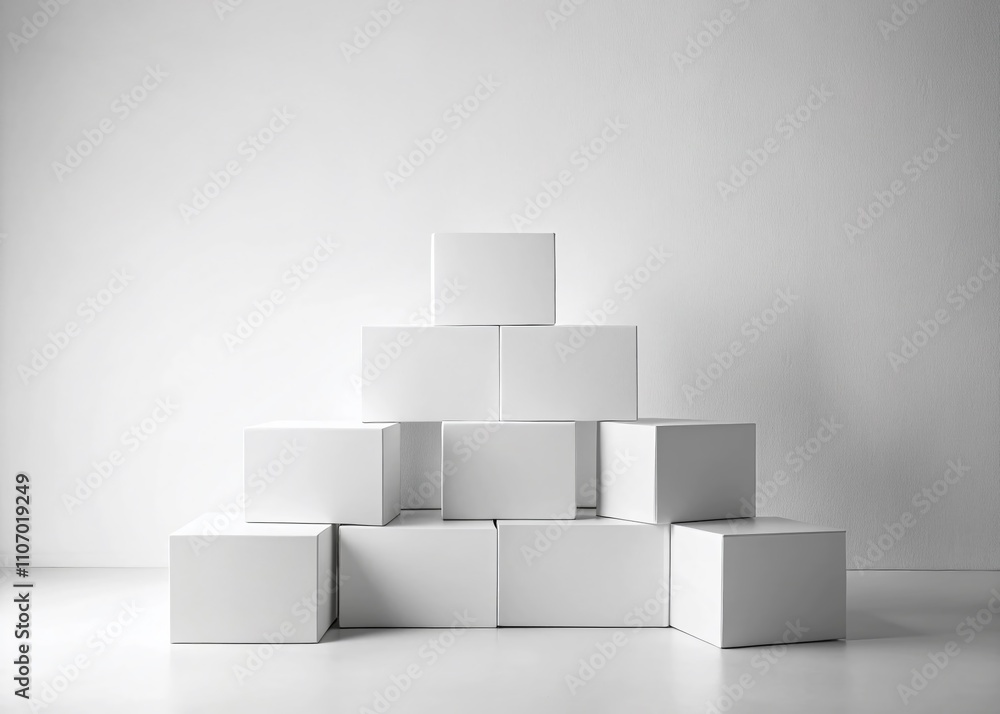 Minimalist Arrangement of Stacked White Boxes on a Clean Surface, Emphasizing Simplicity and Space, Ideal for Abstract Concepts in Modern Design and Minimalism Minimalist Arrangement of Stacked White Boxes on a Clean Surface, Emphasizing Simplicity and Space, Ideal for Abstract Concepts in Modern Design and Minimalism