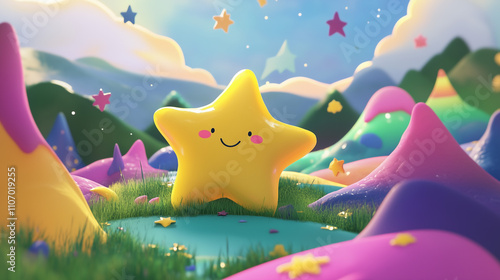 A cheerful yellow star character sits happily among colorful shapes and playful hills in a bright, whimsical landscape.