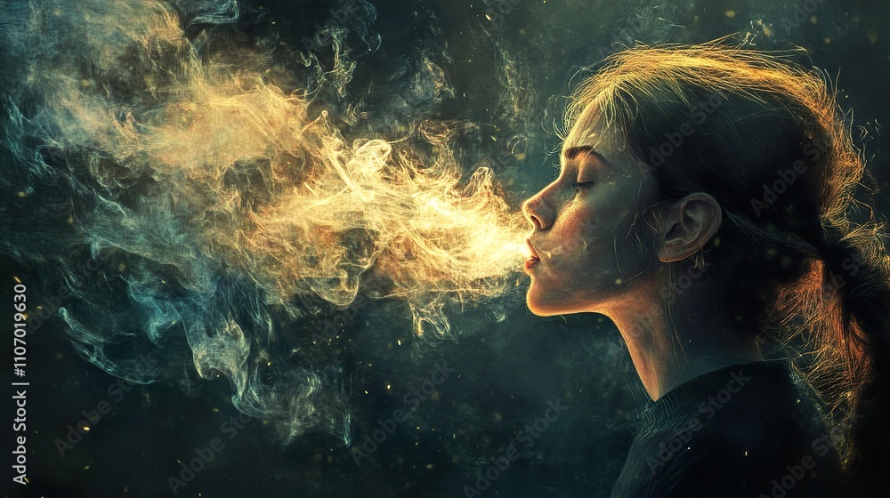 Mystical Woman Exhaling Golden Smoke: A Dreamlike Fantasy Portrait Mystical Woman Exhaling Golden Smoke: A Dreamlike Fantasy Portrait