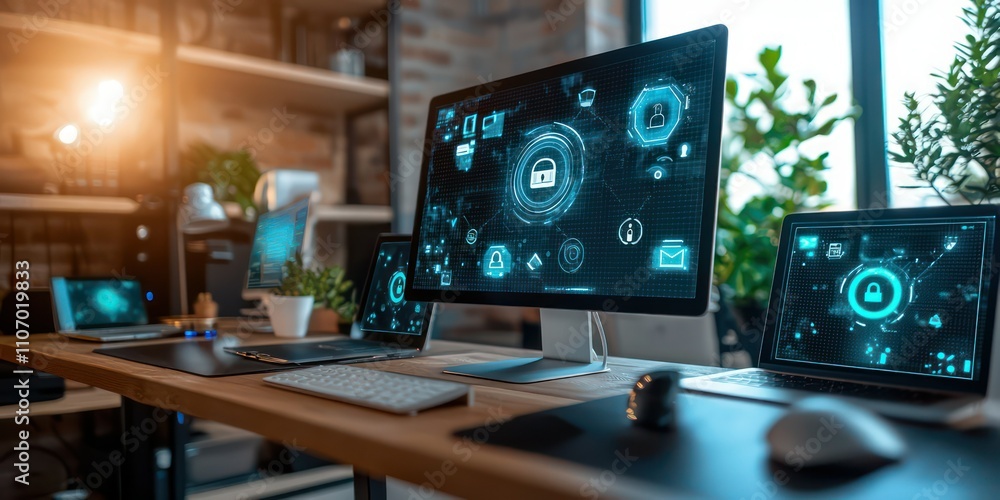 © Chanrothana Pech - A home office setup with multiple devices, all secured by digital locks and encrypted networks, representing cybersecurity for remote workers. © Chanrothana Pech - A home office setup with multiple devices, all secured by digital locks and encrypted networks, representing cybersecurity for remote workers.
