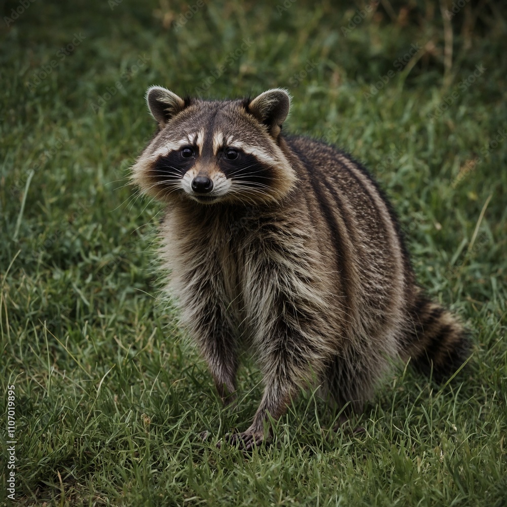 A raccoon exploring a grassy area, its striped tail prominent. A raccoon exploring a grassy area, its striped tail prominent.