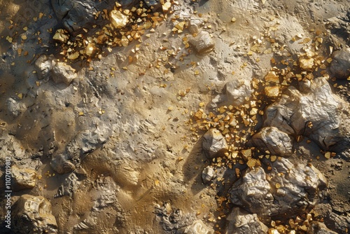 Golden Nuggets Scattered Across a Rocky Terrain: A Digital Artistic Rendering of a Luxurious and Treasured Landscape photo