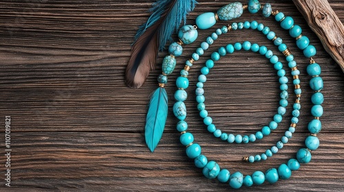 Turquoise jewelry and coastal, A vibrant arrangement of turquoise beads and feathers on a wooden surface, showcasing a bohemian jewelry aesthetic. photo