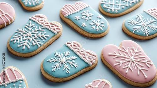 Close-up of colorful mitten-shaped cookies with intricate holiday designs, vibrant icing patterns, snowflakes, and stars, creative treats for kids, festive bakery concept