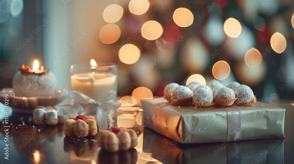 Diwali festival sweets with Diya lamp and Gift box on the table, Diwali festival sweets with Diya lamp and Gift box on the table,