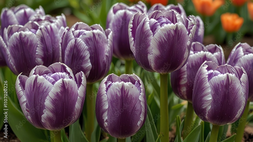 Fototapeta premium Close-up of purple and white fringed tulips in a garden.