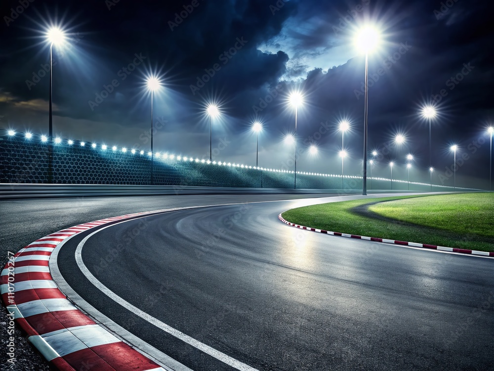 Minimalist Capture of the Finish Line on an Asphalt Race Track with Serpentine Roads and Illuminated Floodlights at Night, Evoking Speed and Precision in a Modern Setting Minimalist Capture of the Finish Line on an Asphalt Race Track with Serpentine Roads and Illuminated Floodlights at Night, Evoking Speed and Precision in a Modern Setting