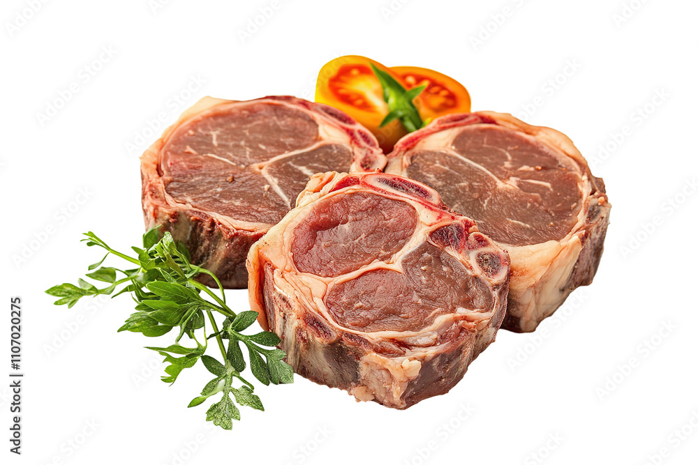 Three pieces of meat with a pepper and a bunch of parsley. on transparent background. Three pieces of meat with a pepper and a bunch of parsley. on transparent background.
