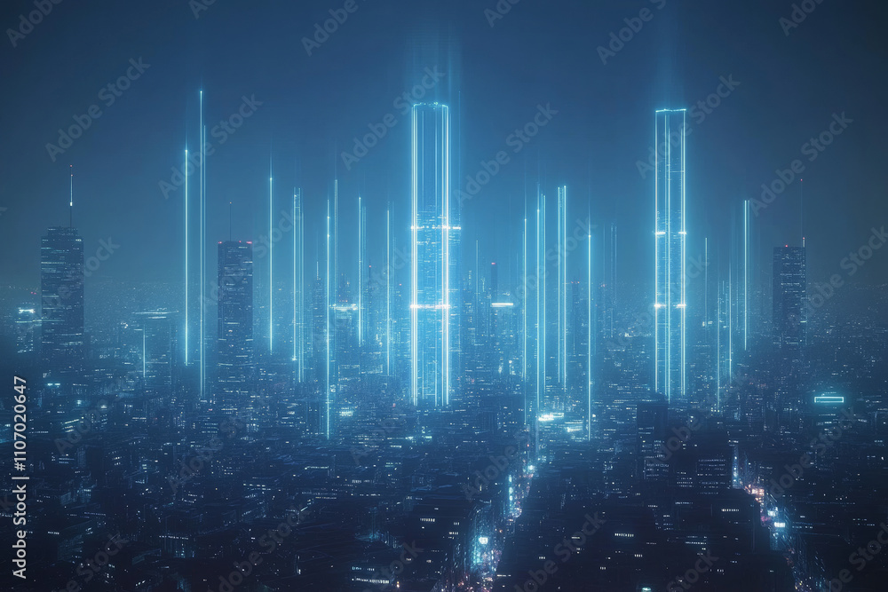 A futuristic cityscape at night, with glowing blue vertical lines of light illuminating the sky and creating an otherworldly atmosphere. A futuristic cityscape at night, with glowing blue vertical lines of light illuminating the sky and creating an otherworldly atmosphere.