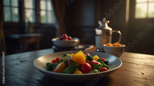 A vibrant salad of fresh vegetables and fruits is artfully arranged on a rustic wooden table, illuminated by warm light, creating an inviting and wholesome dining experience