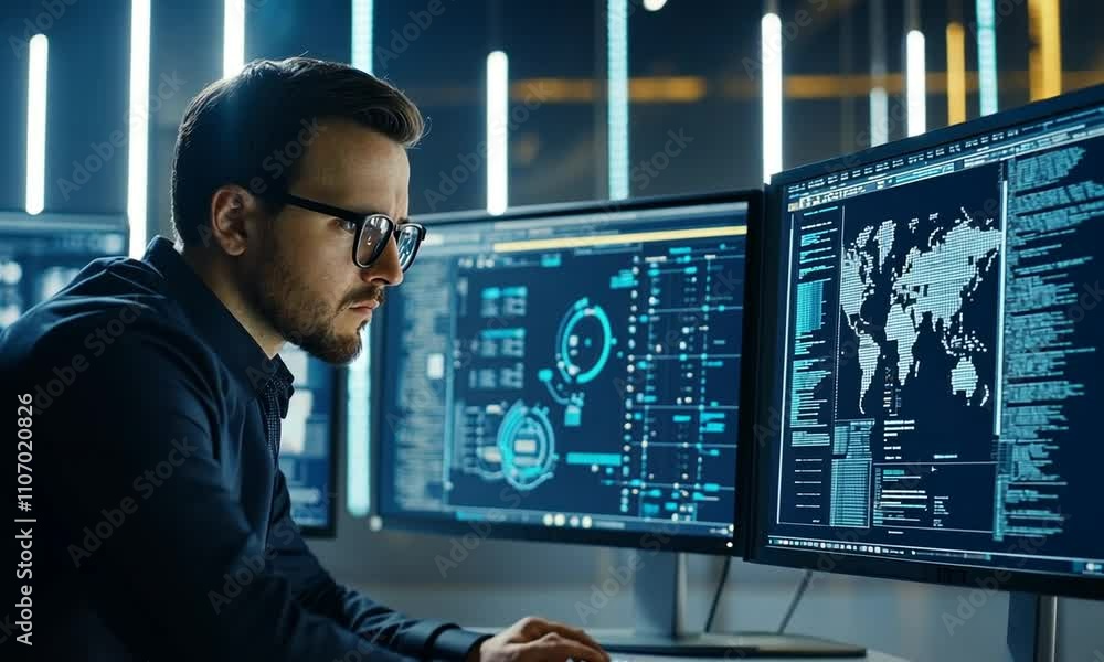 A focused individual analyzes data on dual monitors in a modern tech workspace. A focused individual analyzes data on dual monitors in a modern tech workspace.