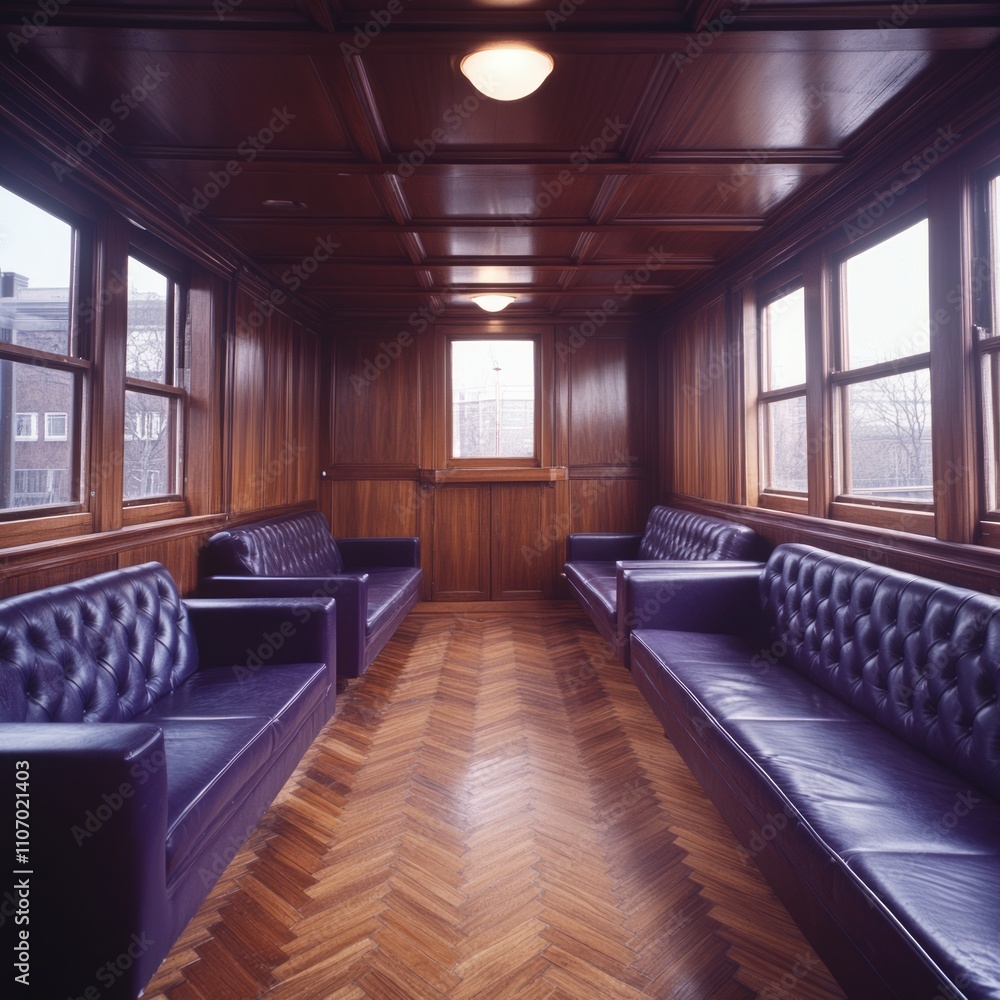 Naklejka premium Luxurious waiting room with purple leather sofas, wood paneling, and herringbone floors.