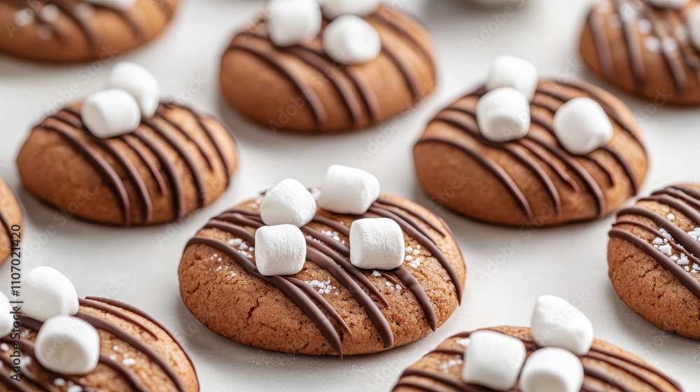 Fototapeta premium Close-up of freshly baked hot cocoa cookies, topped with mini marshmallows and chocolate drizzle, capturing their soft texture and rich color. hot cocoa cookies, gourmet treats
