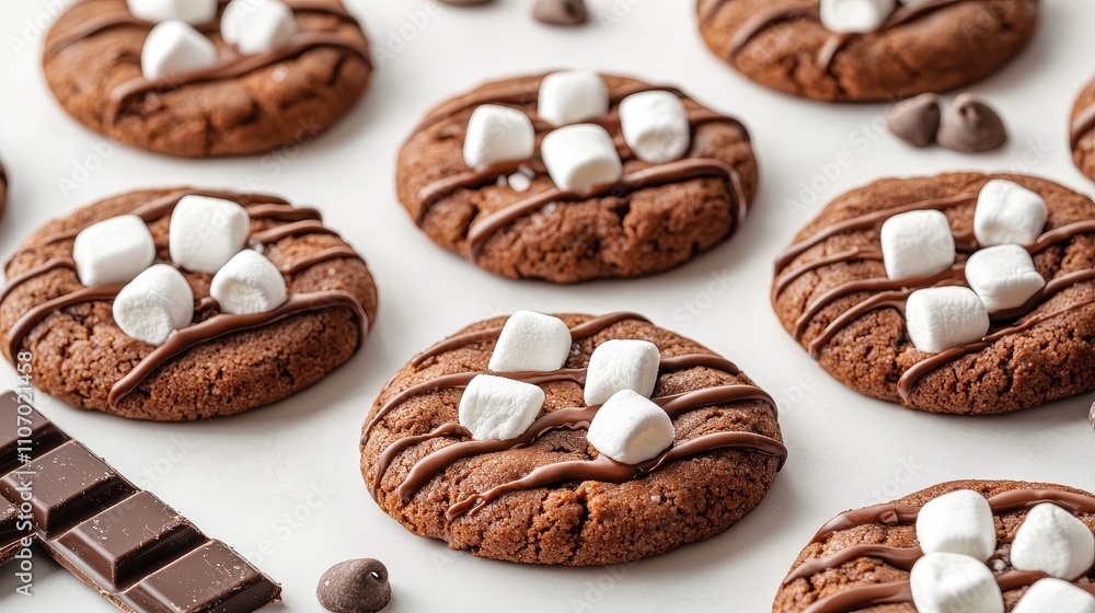 Close-up of freshly baked hot cocoa cookies, topped with mini marshmallows and chocolate drizzle, capturing their soft texture and rich color. hot cocoa cookies, gourmet treats Close-up of freshly baked hot cocoa cookies, topped with mini marshmallows and chocolate drizzle, capturing their soft texture and rich color. hot cocoa cookies, gourmet treats