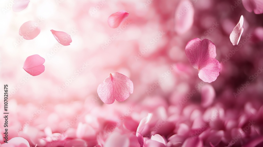 Fototapeta premium Delicate pink sakura cherry blossom petals falling gracefully against soft pastel background