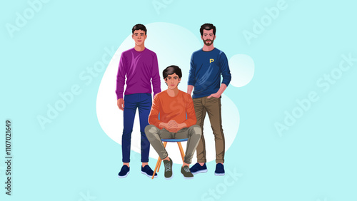 Modern Team Illustration – Three Confident Professionals with Minimalist Background – Perfect for Business, Leadership, and Teamwork Concepts