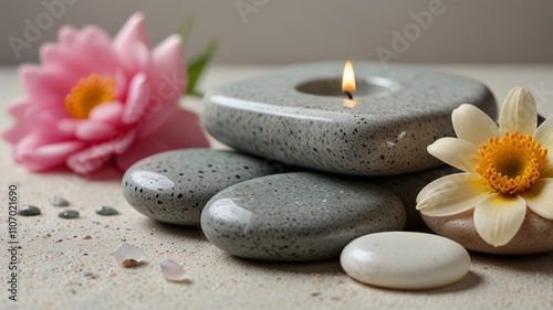 Smooth, gray stones and vibrant flowers surround a glowing candle, creating a tranquil setting that promotes relaxation and mindfulness for ultimate self-care