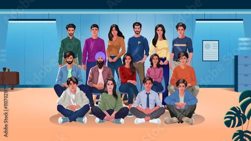 Modern Office Team Portrait – Diverse Group of Professionals in a Stylish Workplace Setting – Illustrated Vector Design