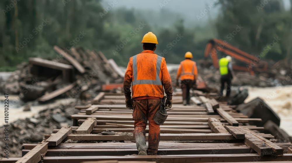 Workers diligently repairing a broken bridge, showcasing resilience and teamwork in infrastructure restoration. Workers diligently repairing a broken bridge, showcasing resilience and teamwork in infrastructure restoration.