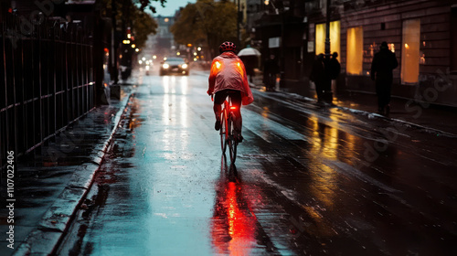 cyclist rides through rainy city street at night, reflecting vibrant lights on wet pavement, creating moody urban scene