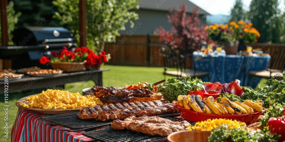 A lively backyard BBQ scene for Labor Day, featuring grilled meats, colorful decorations, and family enjoying food. A lively backyard BBQ scene for Labor Day, featuring grilled meats, colorful decorations, and family enjoying food.