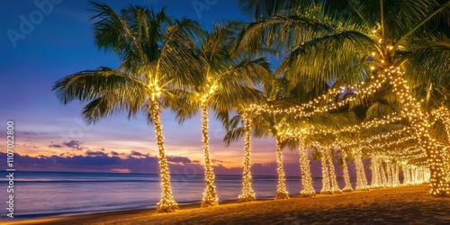 A line of palm trees adorned with white Christmas lights along a beachfront, capturing a coastal holiday vibe. photo