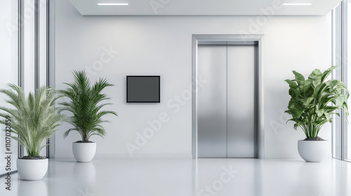 Hotel, hospital or office building hall interior with white walls, closed metal elevator door with lcd screen and green plants in pots. Realistic 3d vector hallway with stainless lift mockup. photo