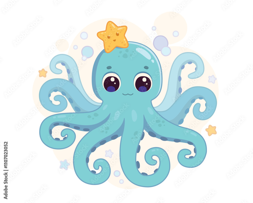 Obraz premium Cute playful smiling cartoon octopus and starfish on a white background