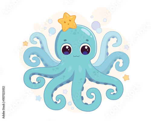Cute playful smiling cartoon octopus and starfish on a white background