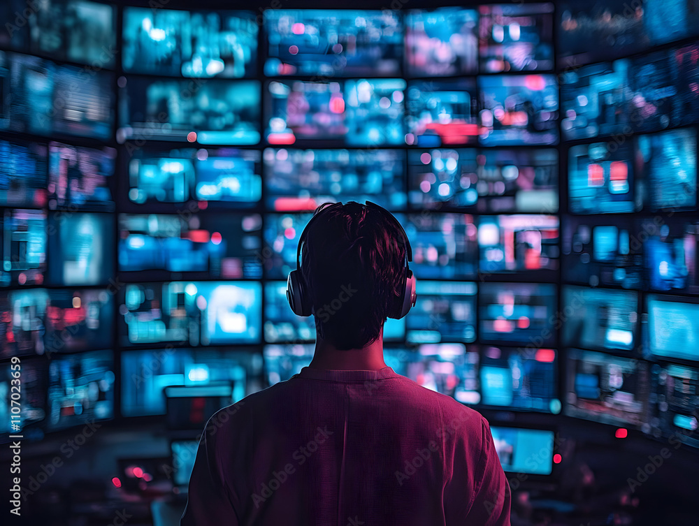 A person monitors multiple screens displaying data and visuals in a tech-focused environment. A person monitors multiple screens displaying data and visuals in a tech-focused environment.