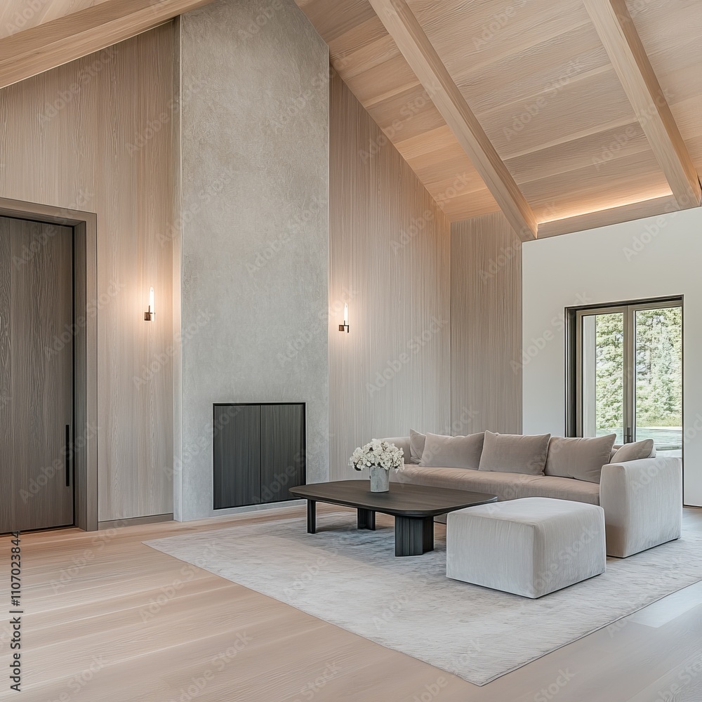 Fototapeta premium Modern living room with high ceiling, fireplace, and large windows.