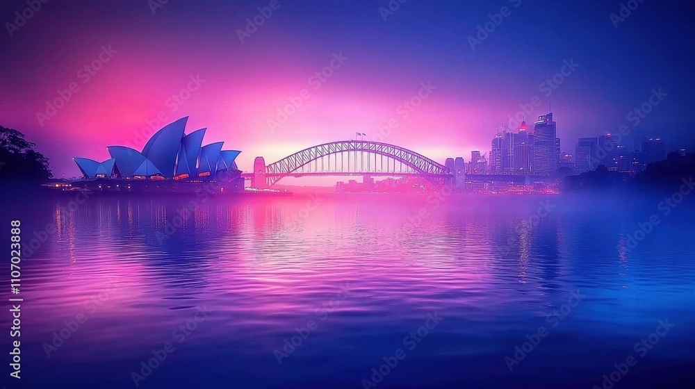 Naklejka premium Sydney harbor sunrise iconic bridge and opera house urban landscape serene waters vibrant colors for nature enthusiasts