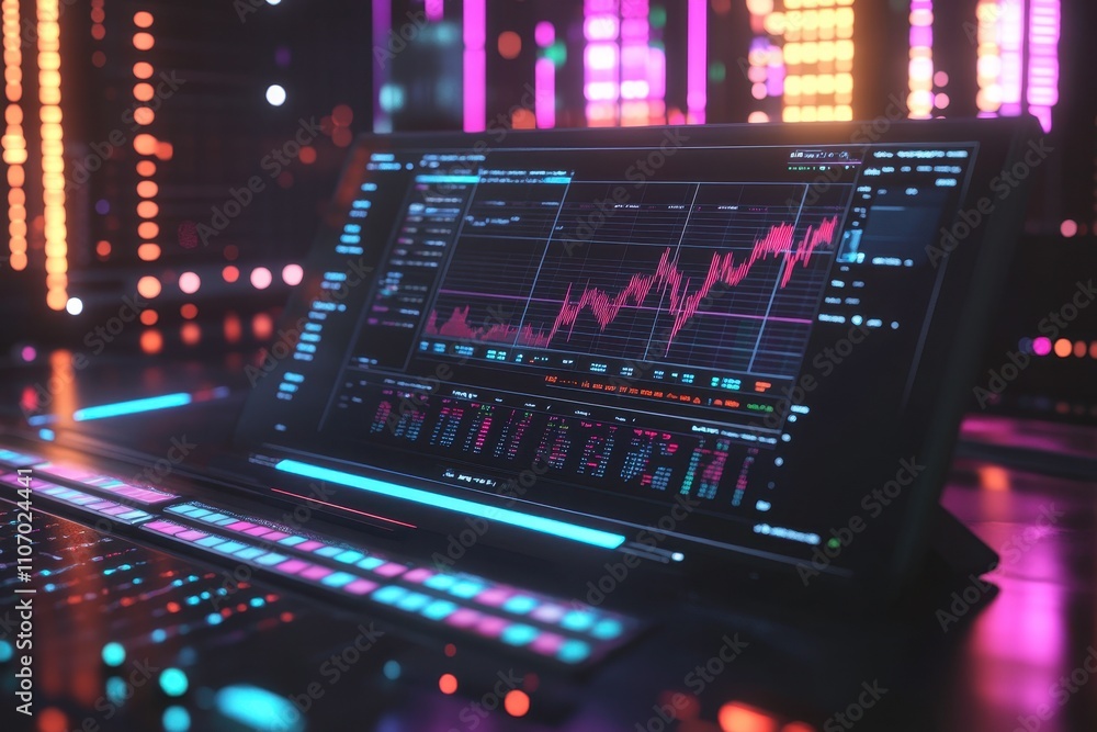 Modern Digital Data Visualization on Laptop Screen with Colorful Neon Lights and Vibrant Graphs in a High-Tech Financial Environment Modern Digital Data Visualization on Laptop Screen with Colorful Neon Lights and Vibrant Graphs in a High-Tech Financial Environment