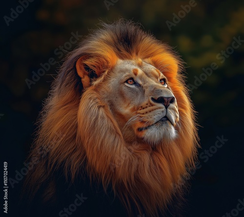 Majestic lion head raised upwards with an impressive mane photo