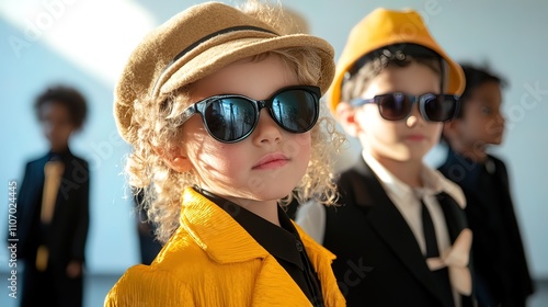 A young girl in a yellow coat and sunglasses looks seriously at the camera while standing in a line of children.
