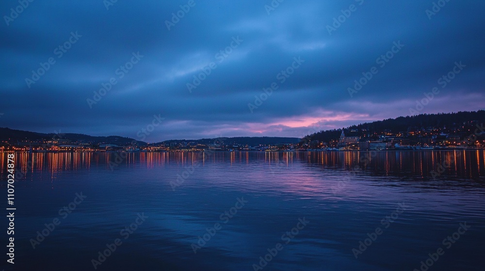 Evening reflections on the water coastal town landscape photography serene environment wide-angle viewpoint tranquility concept Evening reflections on the water coastal town landscape photography serene environment wide-angle viewpoint tranquility concept
