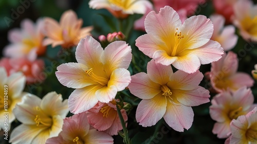 Close-up of delicate pink and yellow flowers.