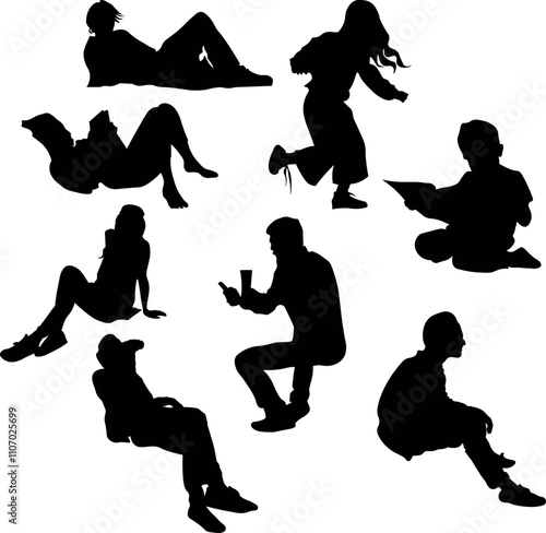 Silhouettes of people sitting and reading in various poses