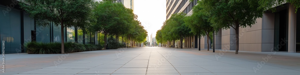 Fototapeta premium A city street with a sidewalk and trees lining the street. The street is empty and the trees are green