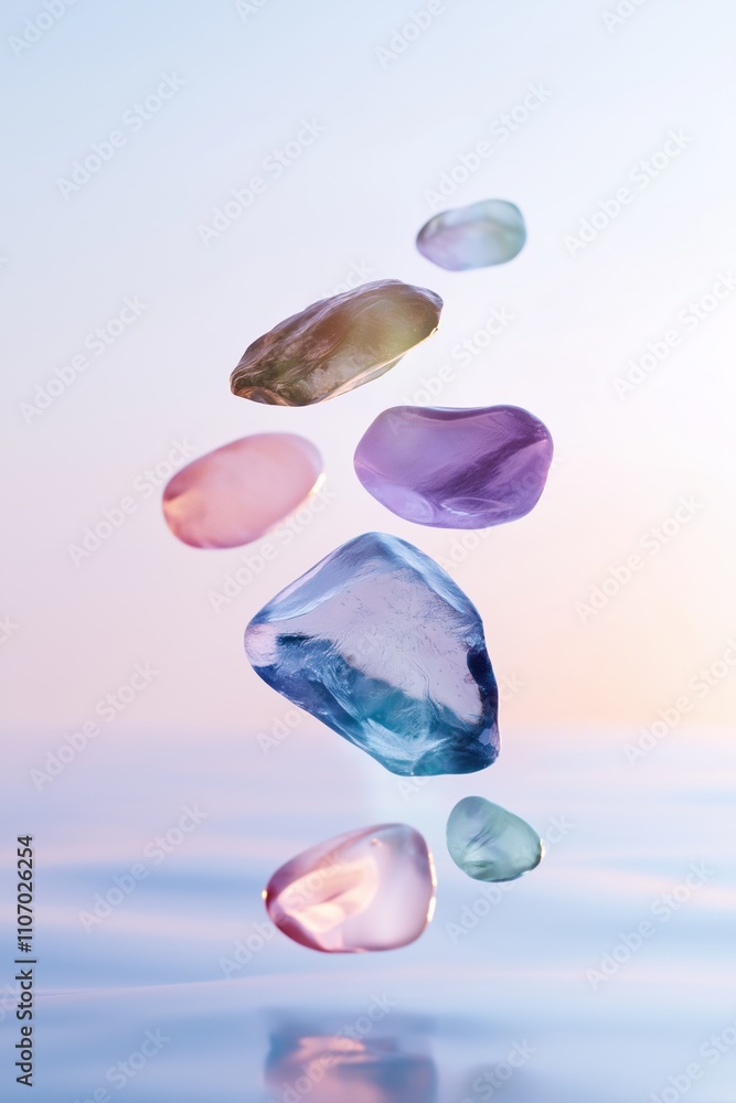 A collection of colorful stones floating in the air above a body of water. The stones are of various sizes and colors, creating a sense of movement and energy. The scene evokes a feeling of freedom A collection of colorful stones floating in the air above a body of water. The stones are of various sizes and colors, creating a sense of movement and energy. The scene evokes a feeling of freedom