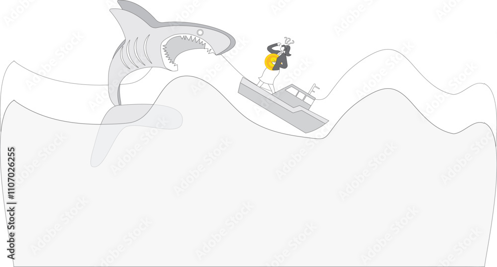 The businesswoman carrying a big US Dollar currency is getting attacked by a shark The businesswoman carrying a big US Dollar currency is getting attacked by a shark
