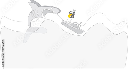 The businesswoman carrying a big US Dollar currency is getting attacked by a shark