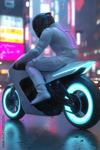 A man is riding a motorcycle in a neon city. The neon lights of the city and the bike create a futuristic and exciting atmosphere photo