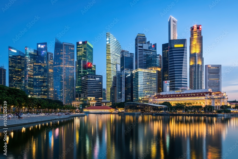 Stunning Cityscape of Singapore at Dusk with Modern Skyscrapers Reflecting on Calm Water Under a Clear Blue Sky and Vibrant Lights of Urban Life Stunning Cityscape of Singapore at Dusk with Modern Skyscrapers Reflecting on Calm Water Under a Clear Blue Sky and Vibrant Lights of Urban Life